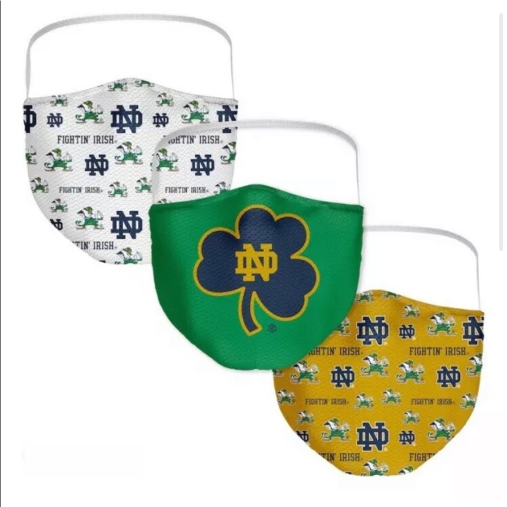 Notre Dame 💚☘️Fighting Irish Adult All Over Logo Face Covering Mask 3-Pack. NWT